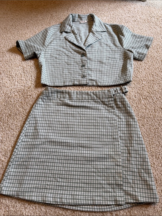 Dresses & Skirts - Plaid Two-Piece Skirt Set in Sage Green